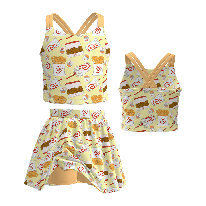 Cross back tank top&culottes skirt set for girls