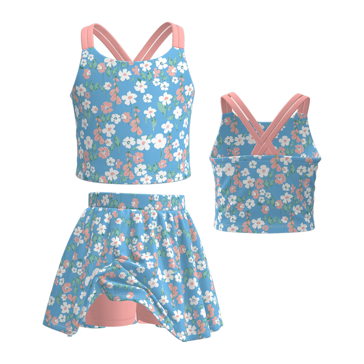 Cross back tank top&culottes skirt set for girls