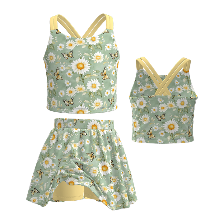 Cross back tank top&culottes skirt set for girls