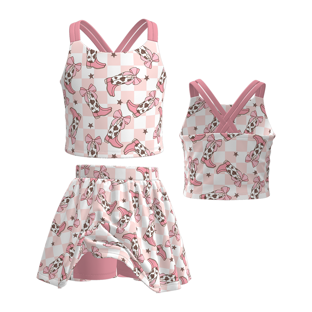 Cross back tank top&culottes skirt set for girls