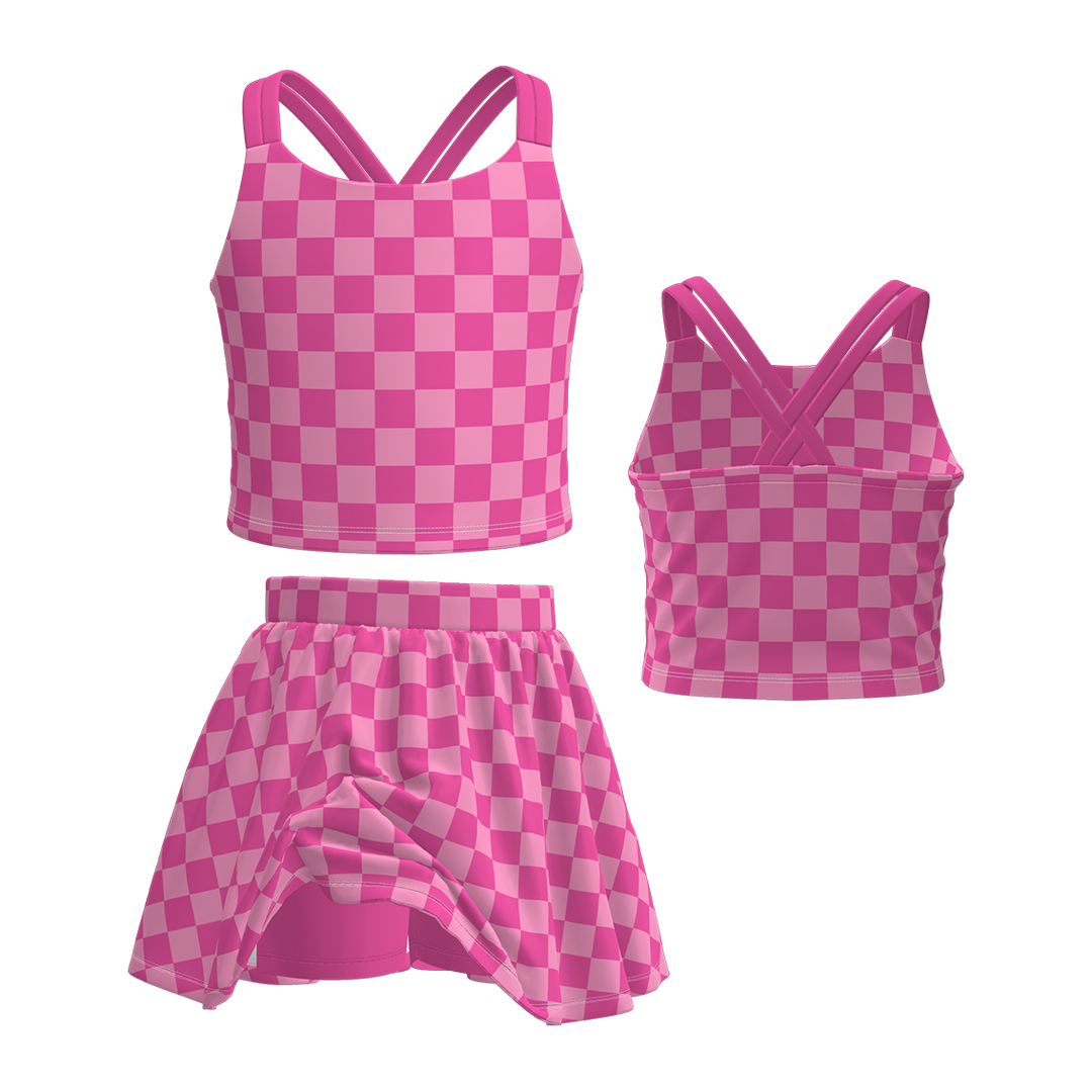 Cross back tank top&culottes skirt set for girls