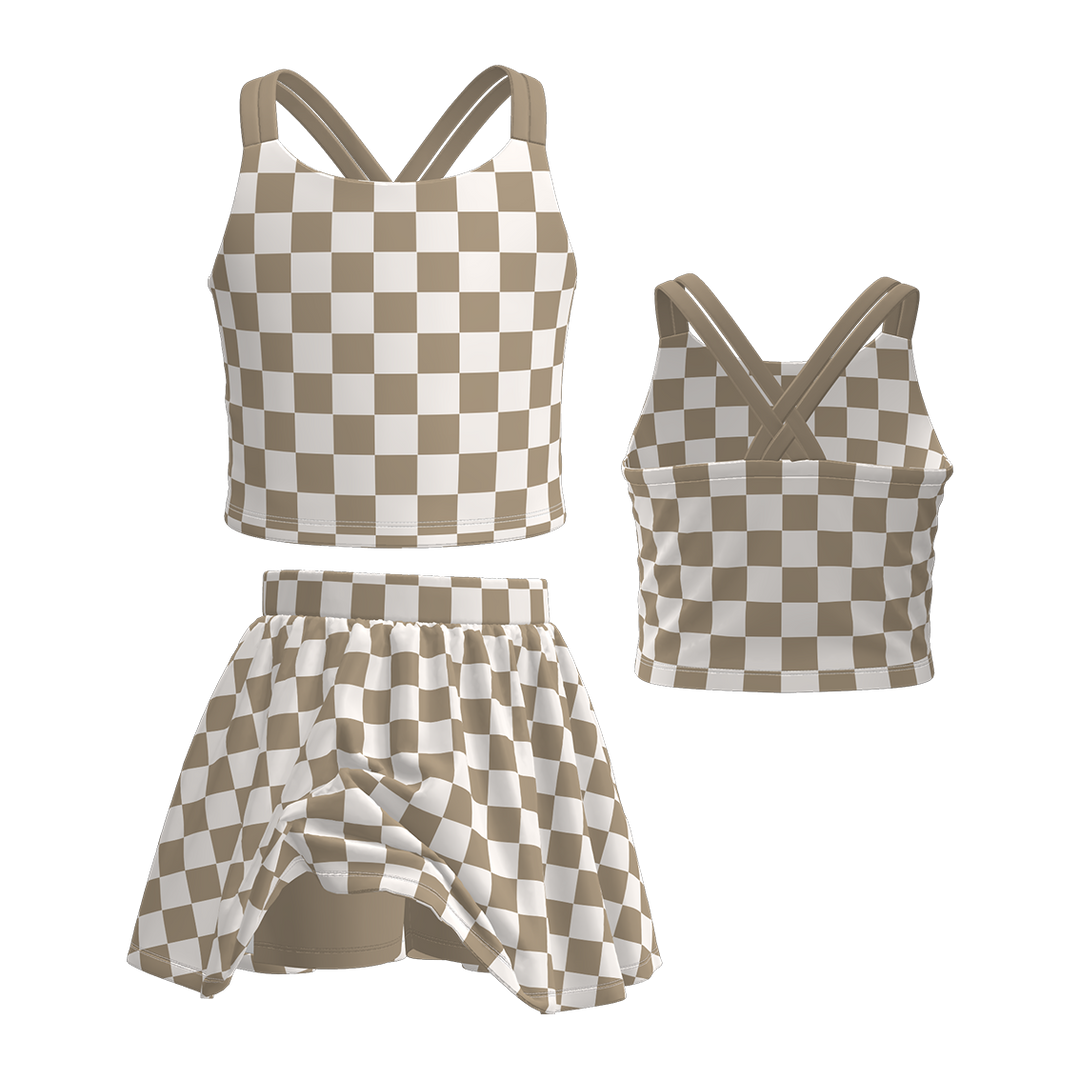 Cross back tank top&culottes skirt set for girls
