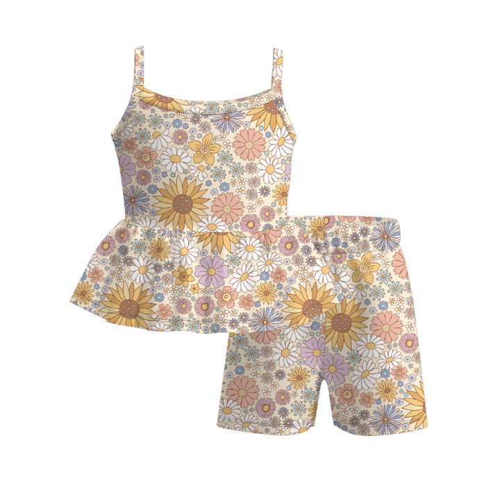 Girls Checkerboard sling ruffle top&short set