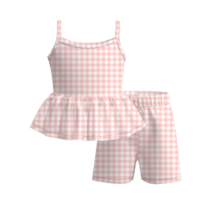 Girls Checkerboard sling ruffle top&short set