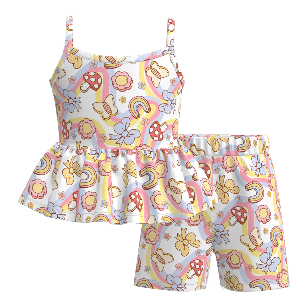 Girls pink wavy sleeveless ruffle top&short set