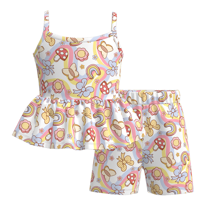 Girls pink wavy sleeveless ruffle top&short set