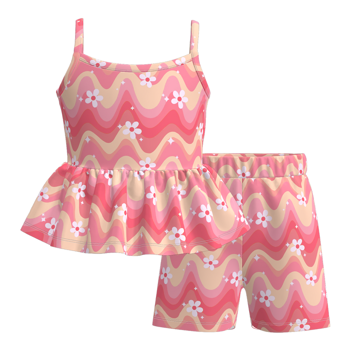 Girls pink wavy sleeveless ruffle top&short set