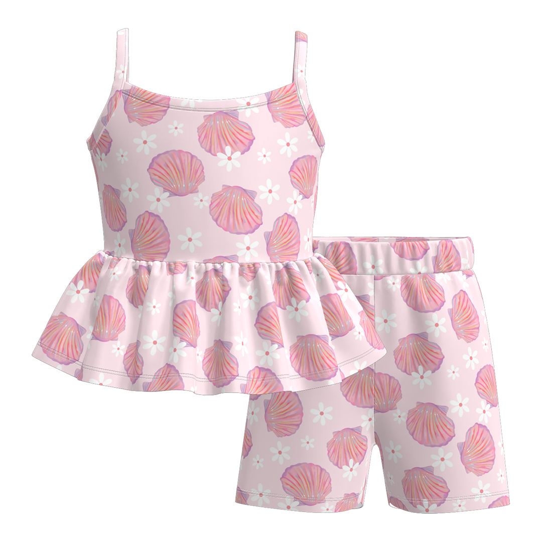 Girls pink wavy sleeveless ruffle top&short set