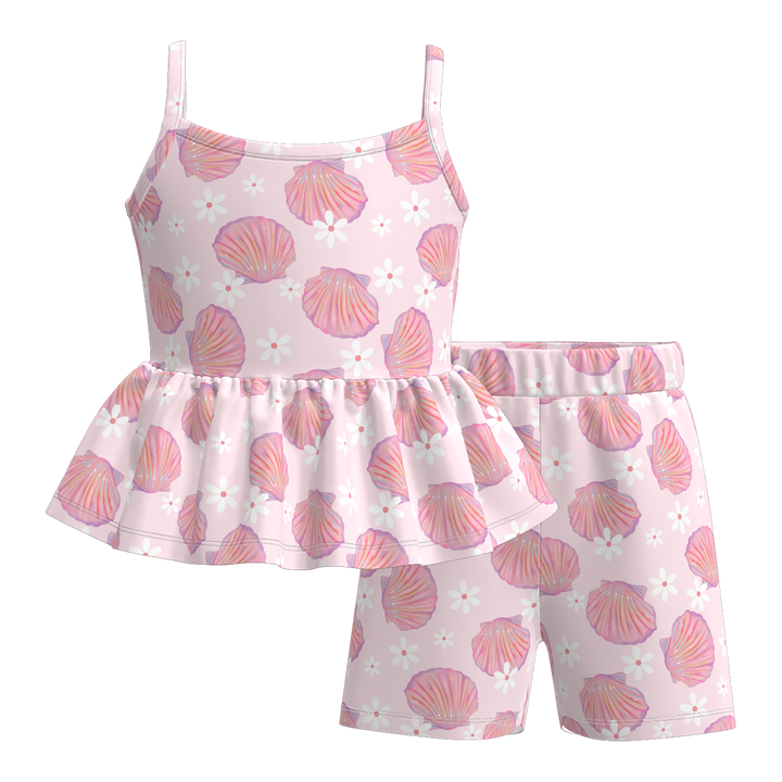 Girls pink wavy sleeveless ruffle top&short set