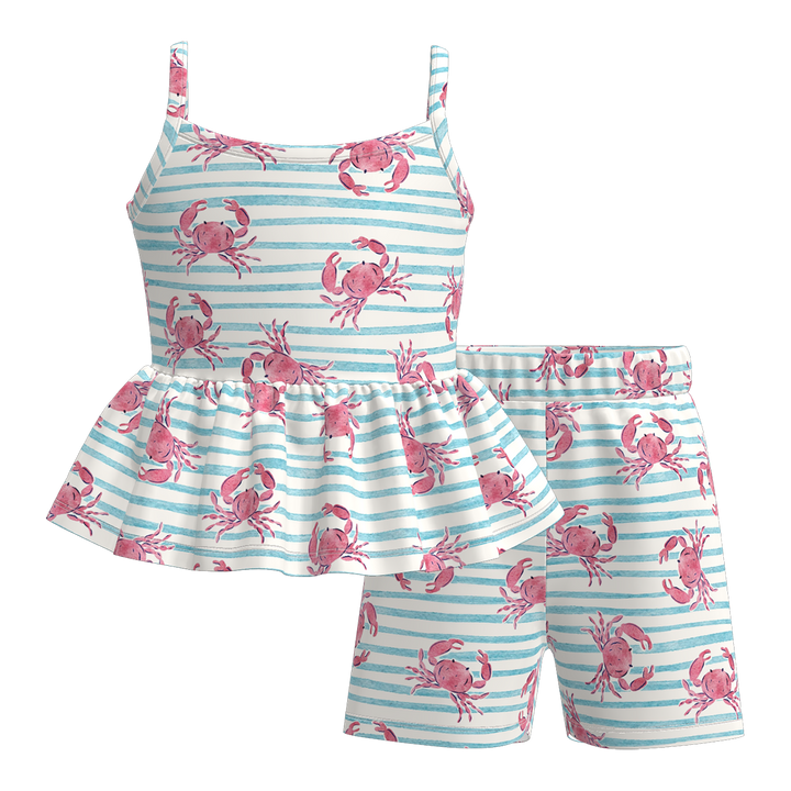 Girls Rainbow striped sleeveless ruffle top&short set