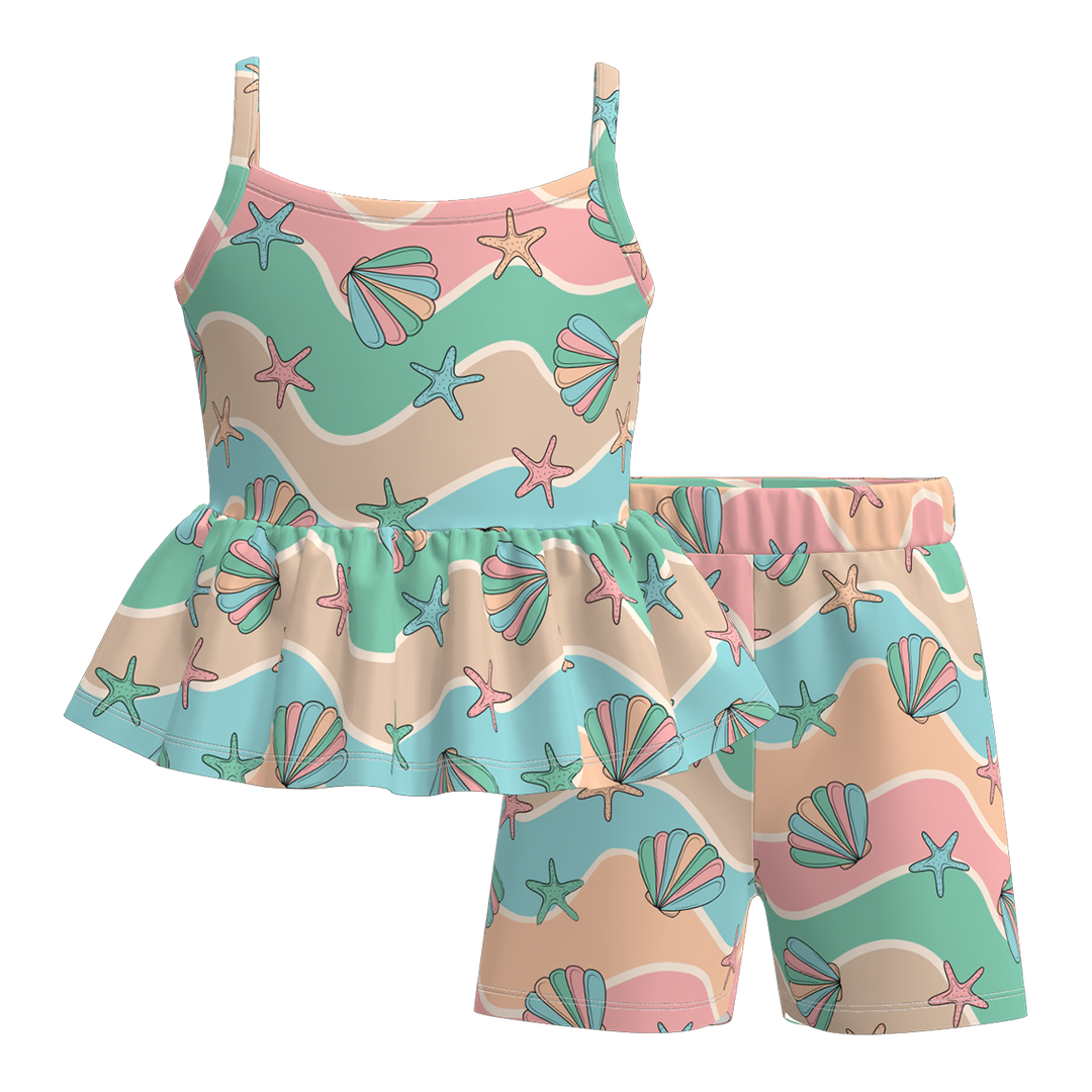 Girls Rainbow striped sleeveless ruffle top&short set