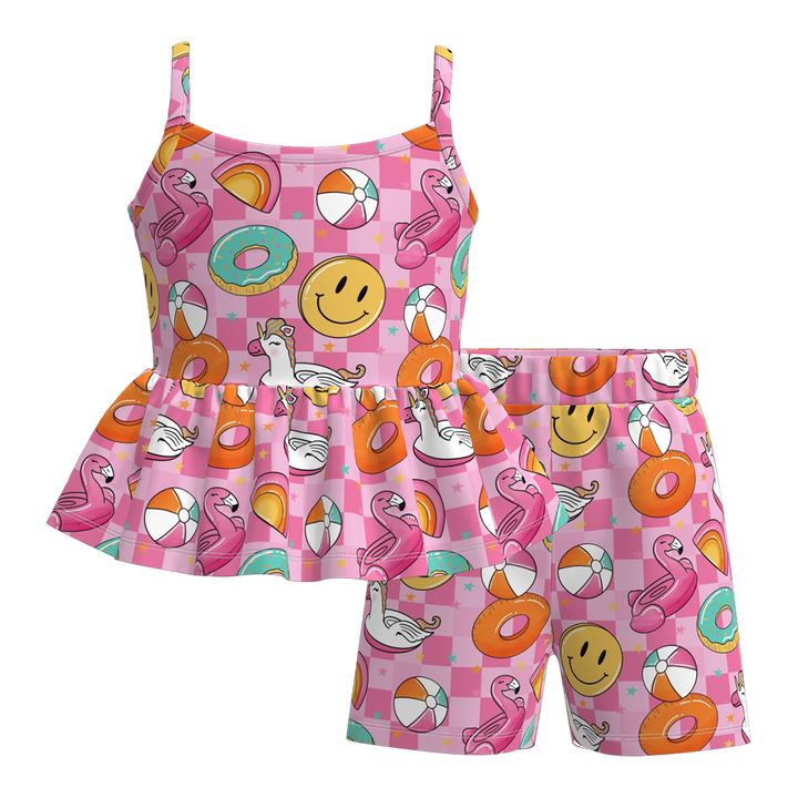 Girls Rainbow striped sleeveless ruffle top&short set