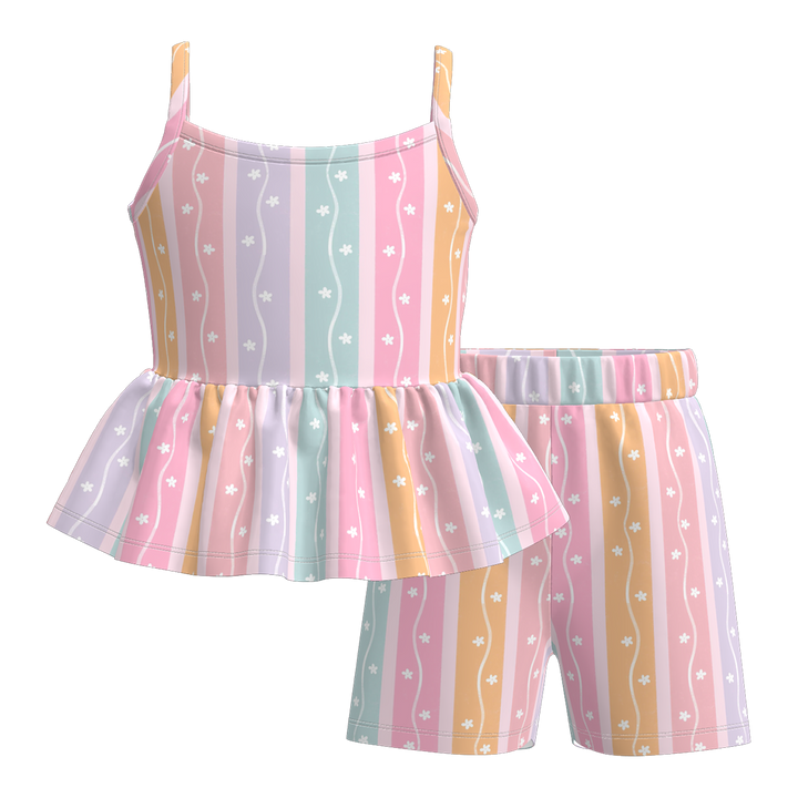 Girls Rainbow striped sleeveless ruffle top&short set