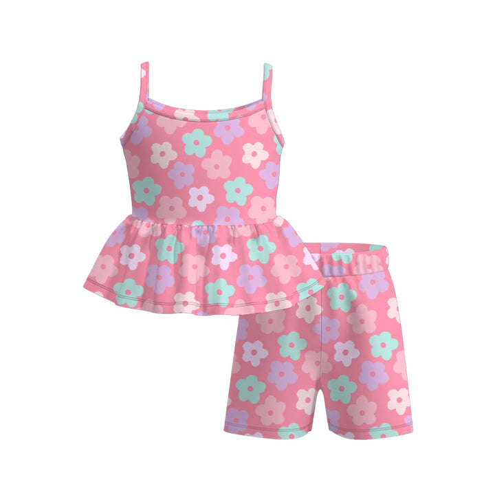 Girls Checkerboard sling ruffle top&short set