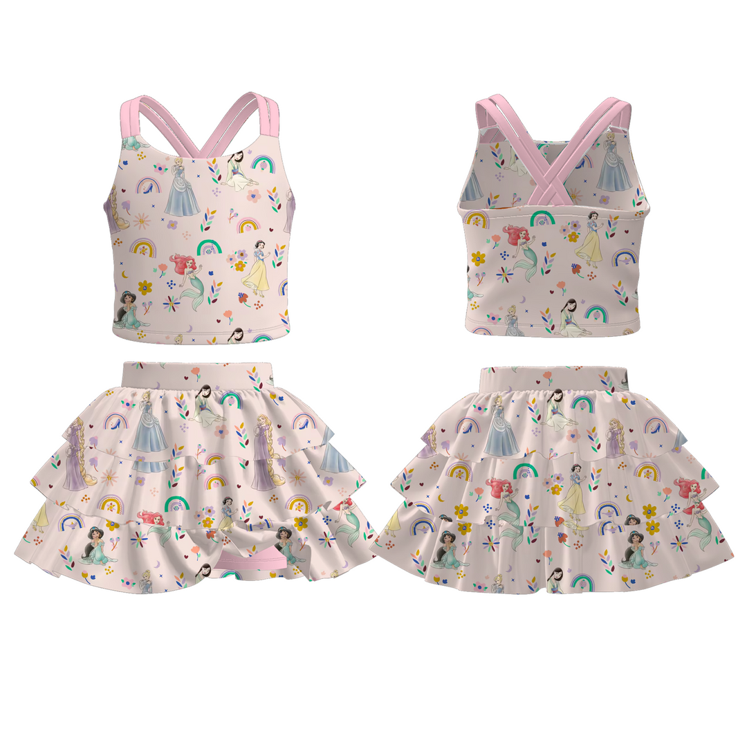 Princess Cross back top&culottes skirt set for girls