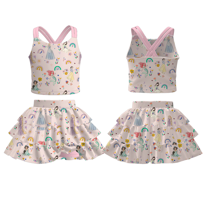 Princess Cross back top&culottes skirt set for girls