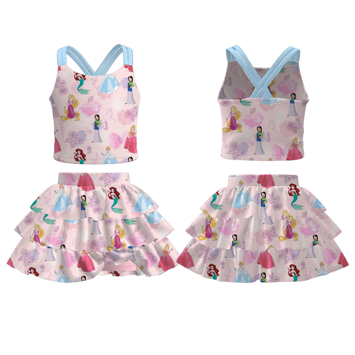 Princess Cross back top&culottes skirt set for girls
