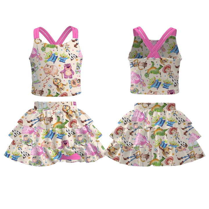 Princess Cross back top&culottes skirt set for girls