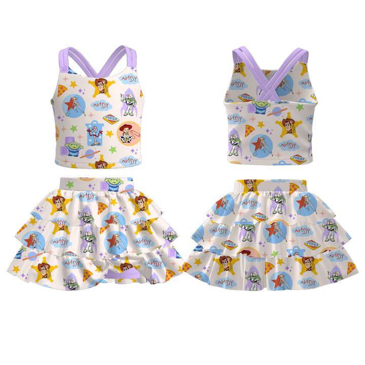Princess Cross back top&culottes skirt set for girls