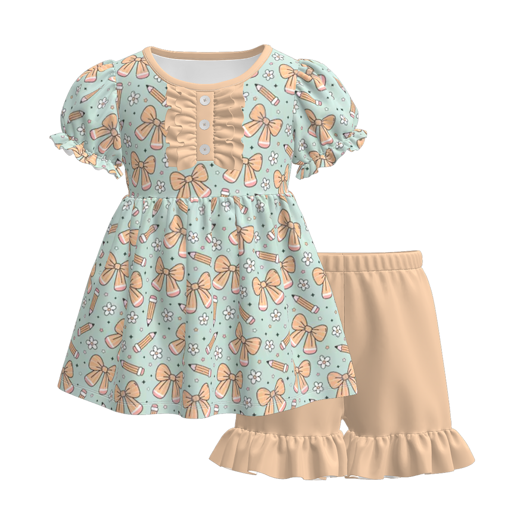 Button puff sleeve top&short back to school set for girls