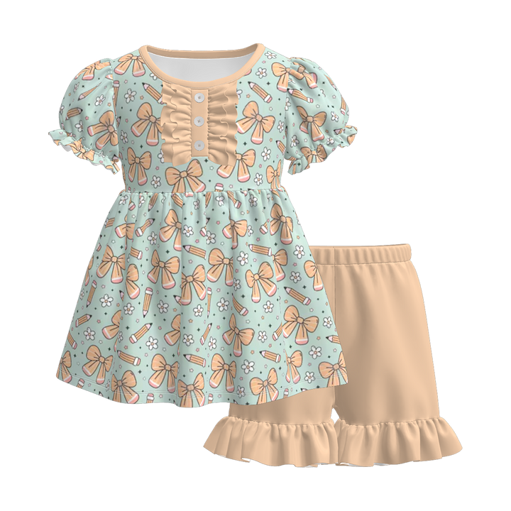 Button puff sleeve top&short back to school set for girls