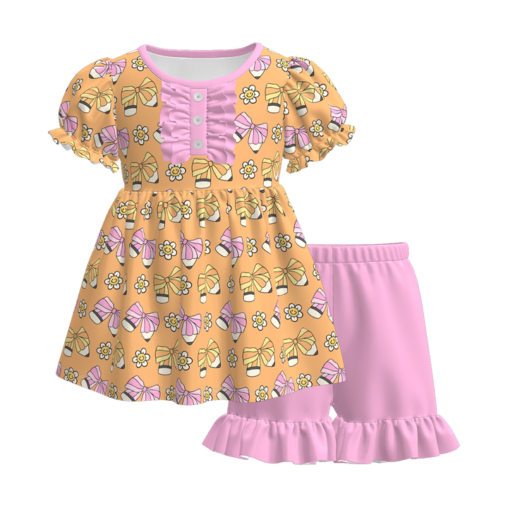Button puff sleeve top&short back to school set for girls