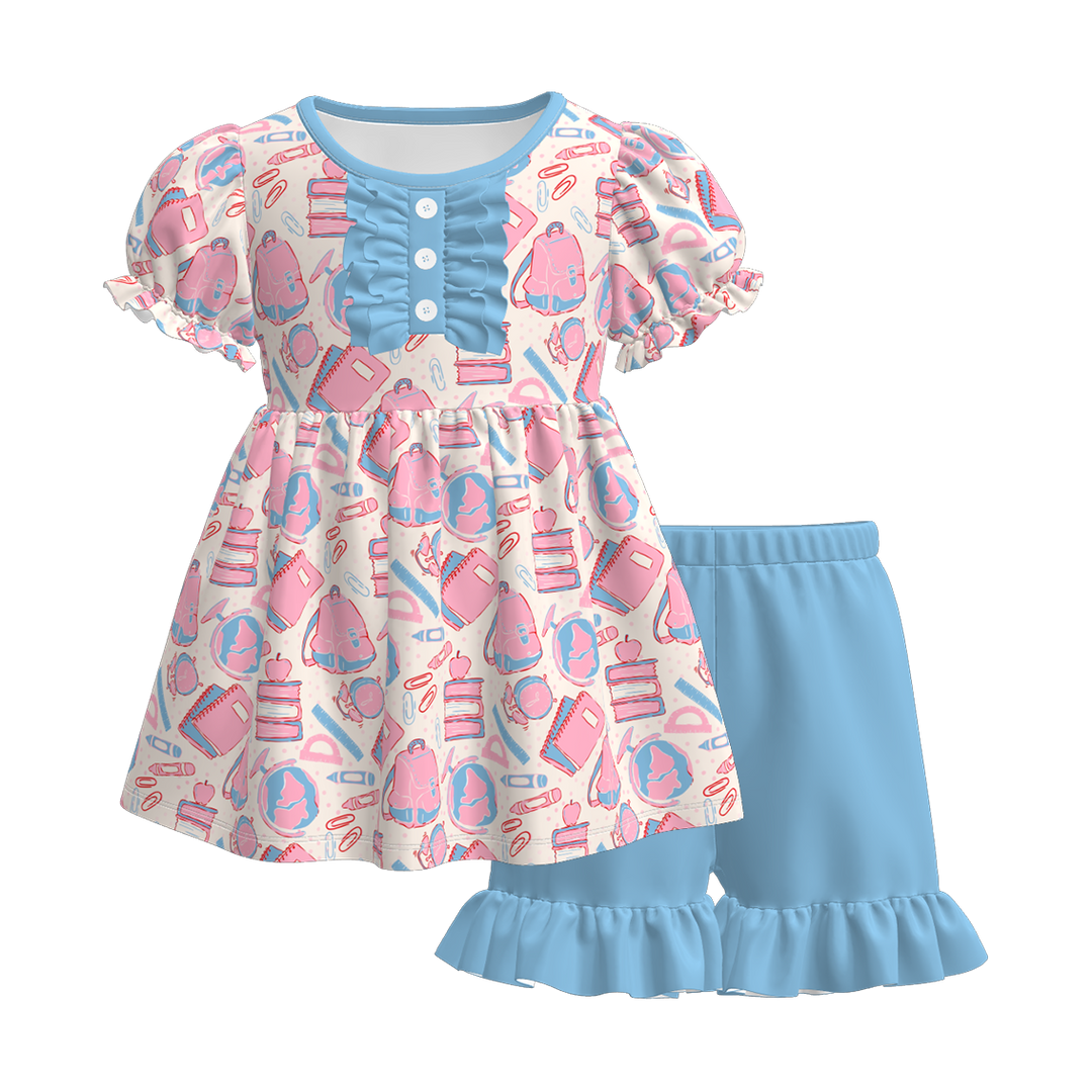 Button puff sleeve top&short back to school set for girls