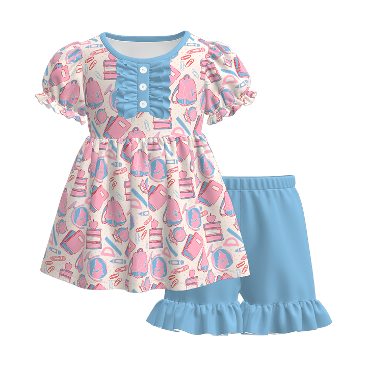 Button puff sleeve top&short back to school set for girls