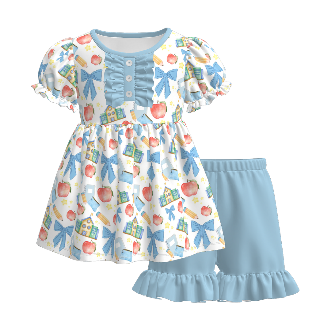 Button puff sleeve top&short back to school set for girls