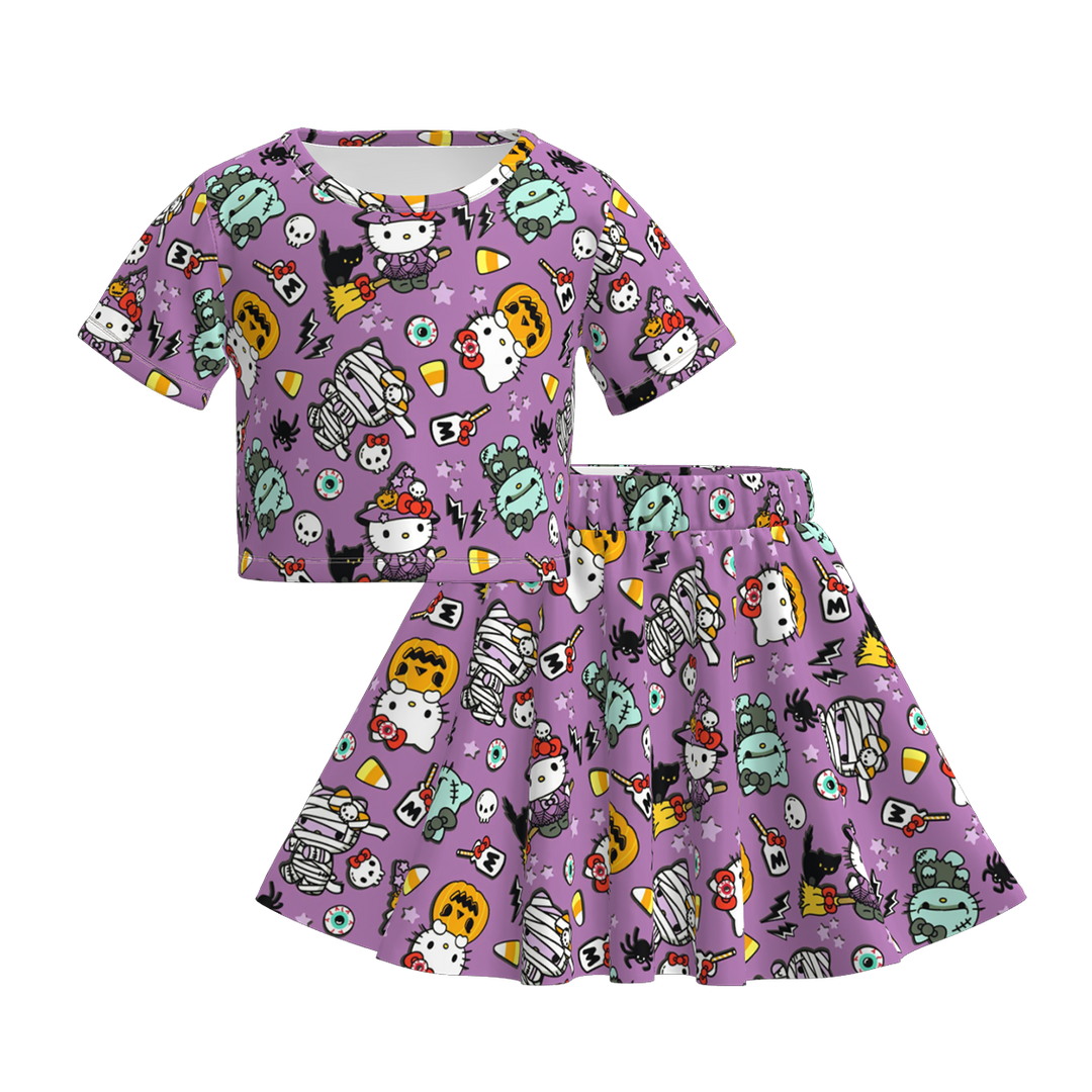 Halloween pumpkin ghost printed skirt set for girls