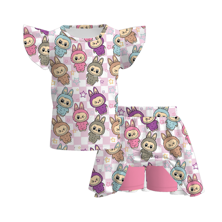 Labubu cute printed flutter top&skirt culottes set