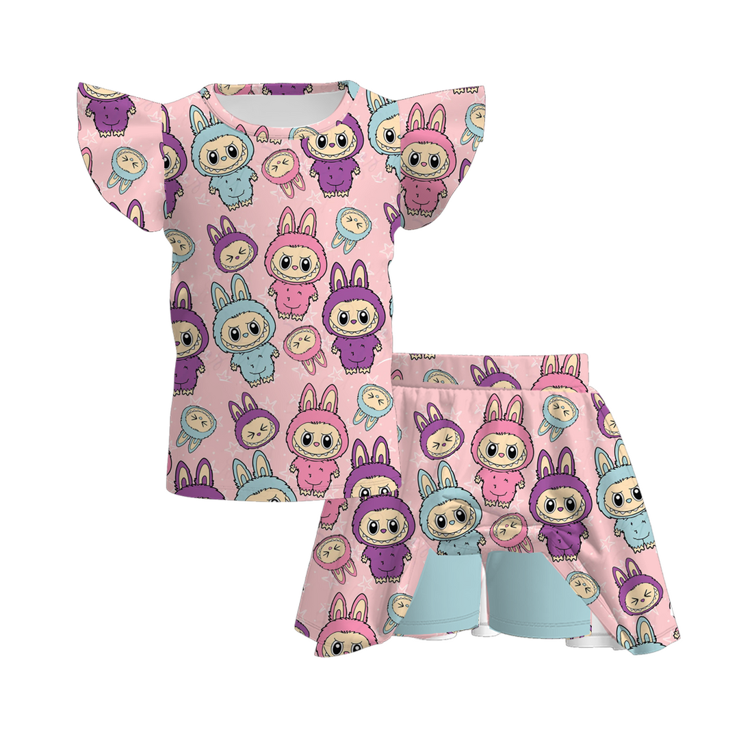 Labubu cute printed flutter top&skirt culottes set