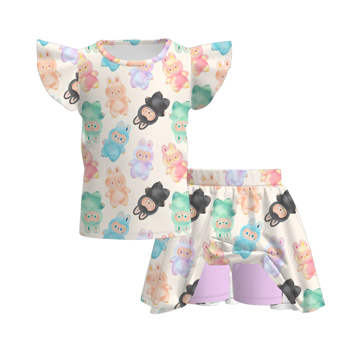 Labubu cute printed flutter top&skirt culottes set