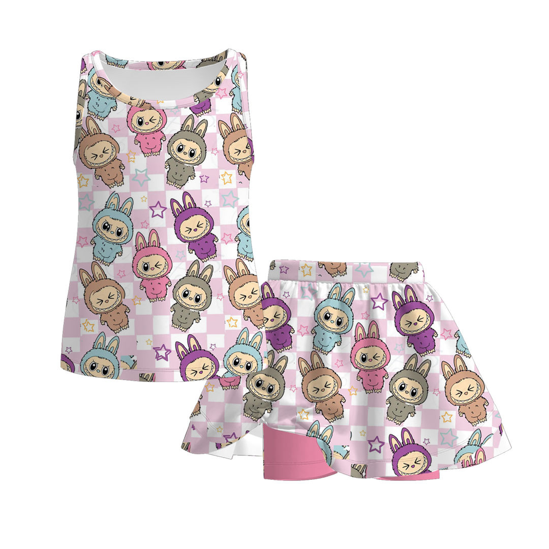 Labubu cute printed flutter top&skirt culottes set
