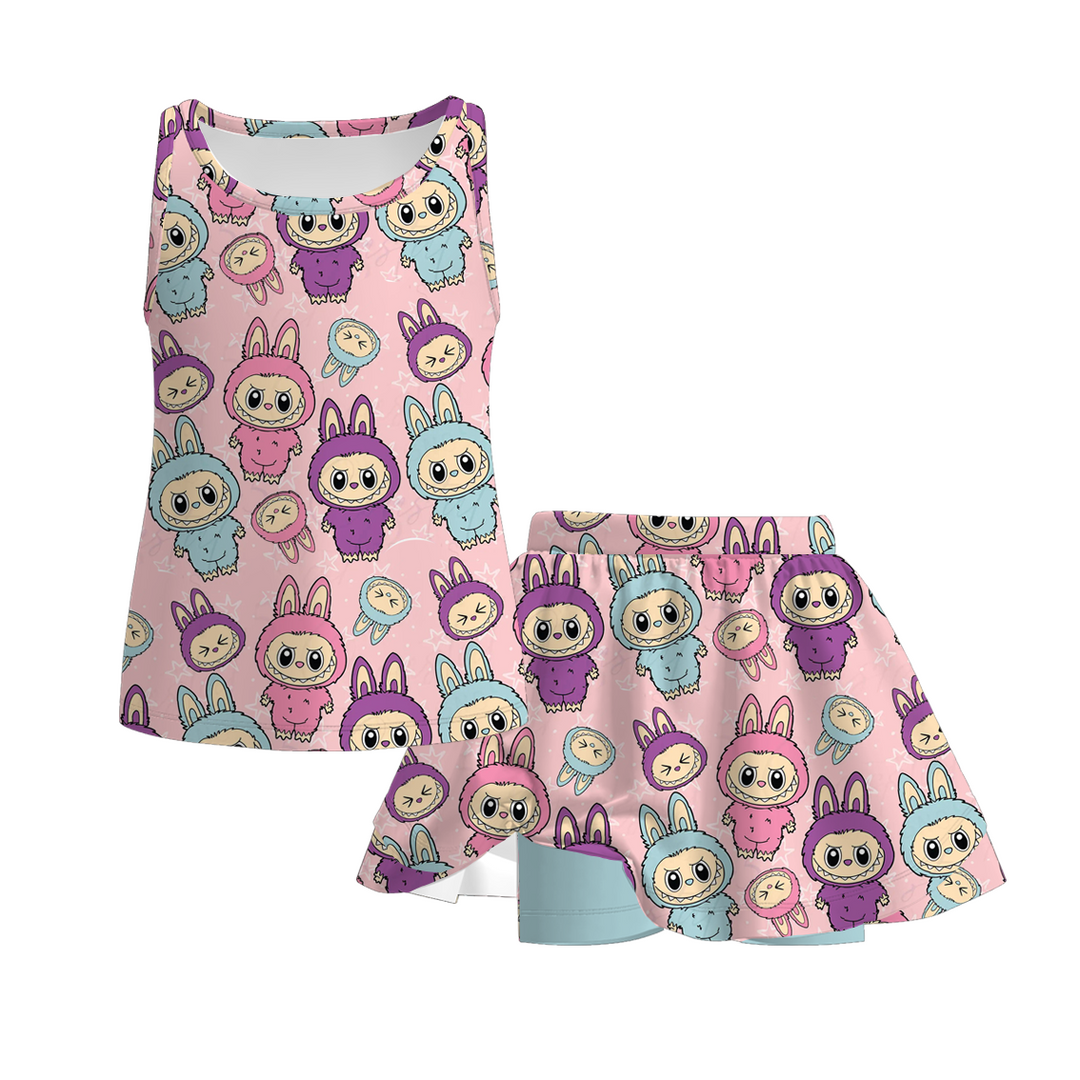Labubu cute printed flutter top&skirt culottes set