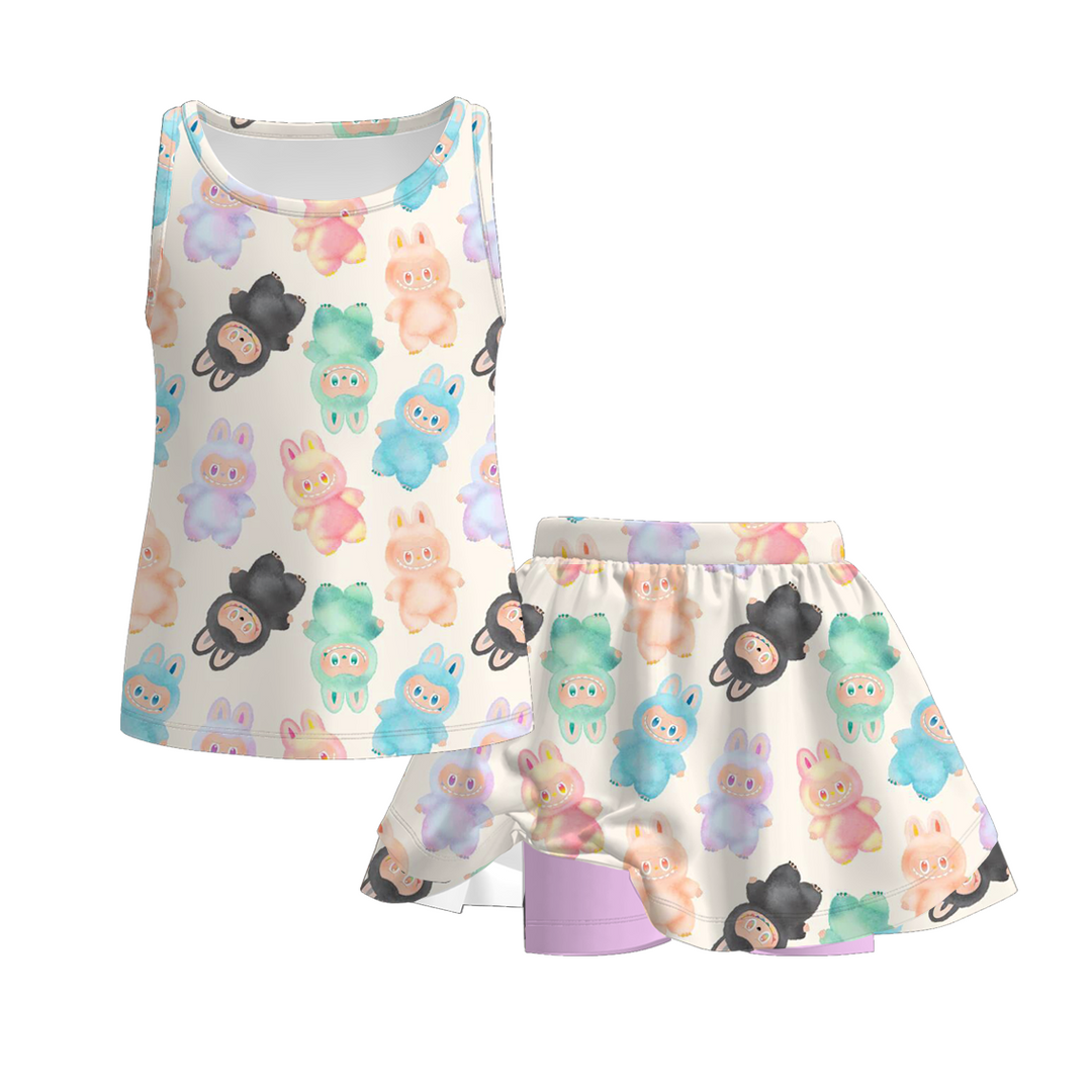 Labubu cute printed flutter top&skirt culottes set