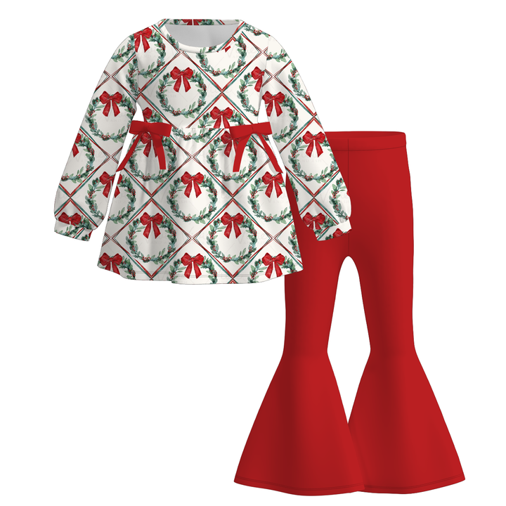 Christmas vibe cute bowknot top&bell pant set