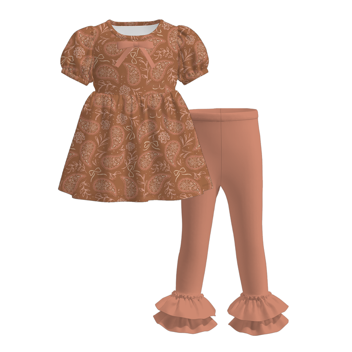 Girls sweet puff sleeve top&ruffle leggings set