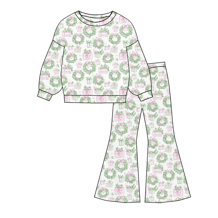 Christmas all-over printedsweatshirt&bell pant 2pcs set