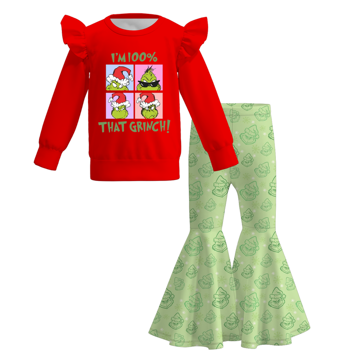 Christmas grinch printed top&bell pant 2pcs set