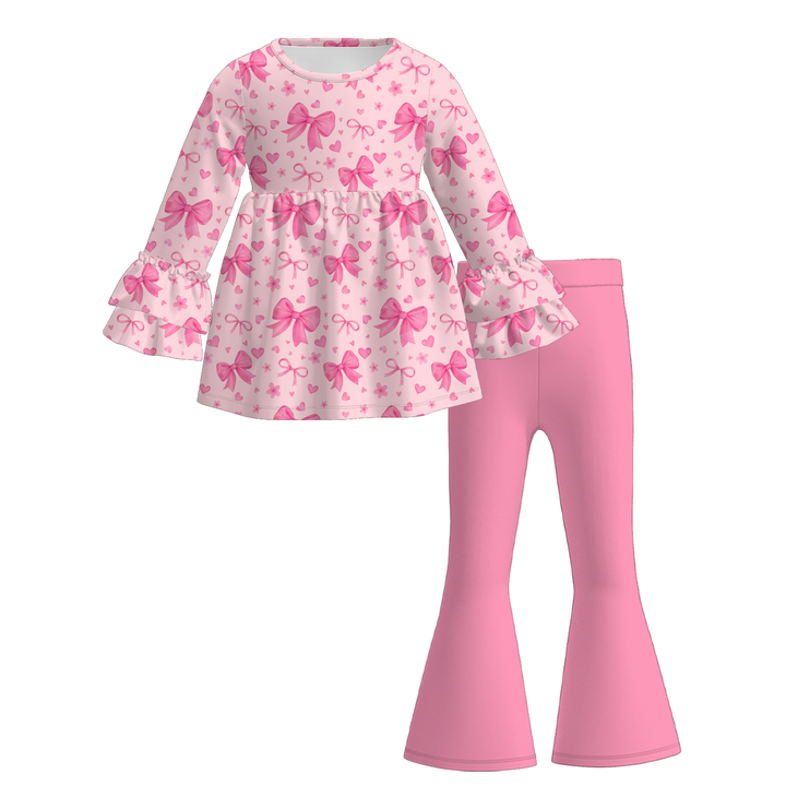 Valentine's sweet pink bow top&bell pant set for girls