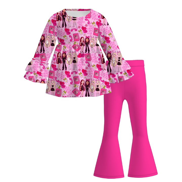 Valentine's sweet pink bow top&bell pant set for girls