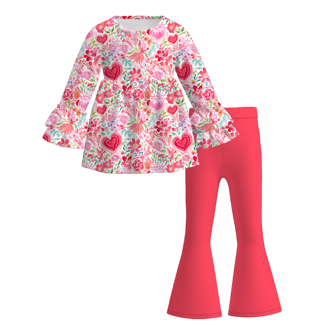 Valentine's sweet pink bow top&bell pant set for girls