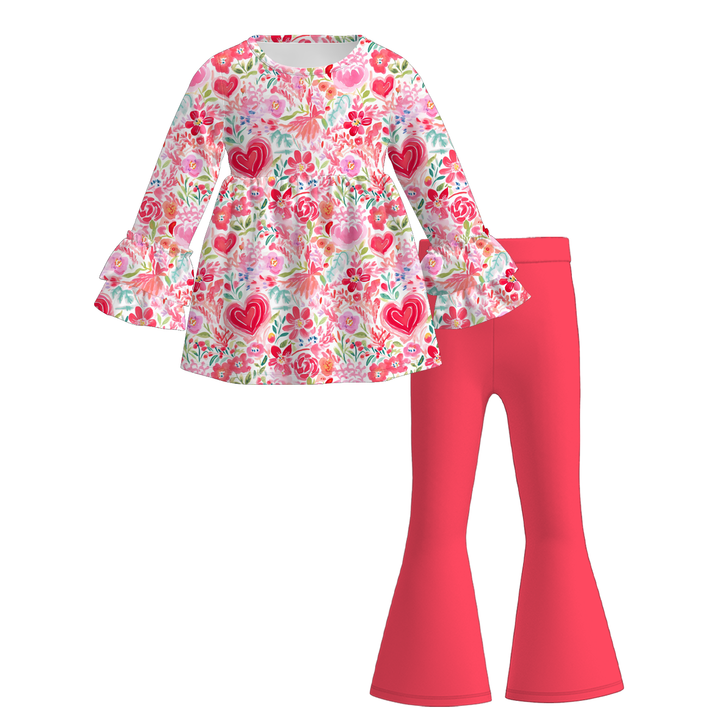 Valentine's sweet pink bow top&bell pant set for girls