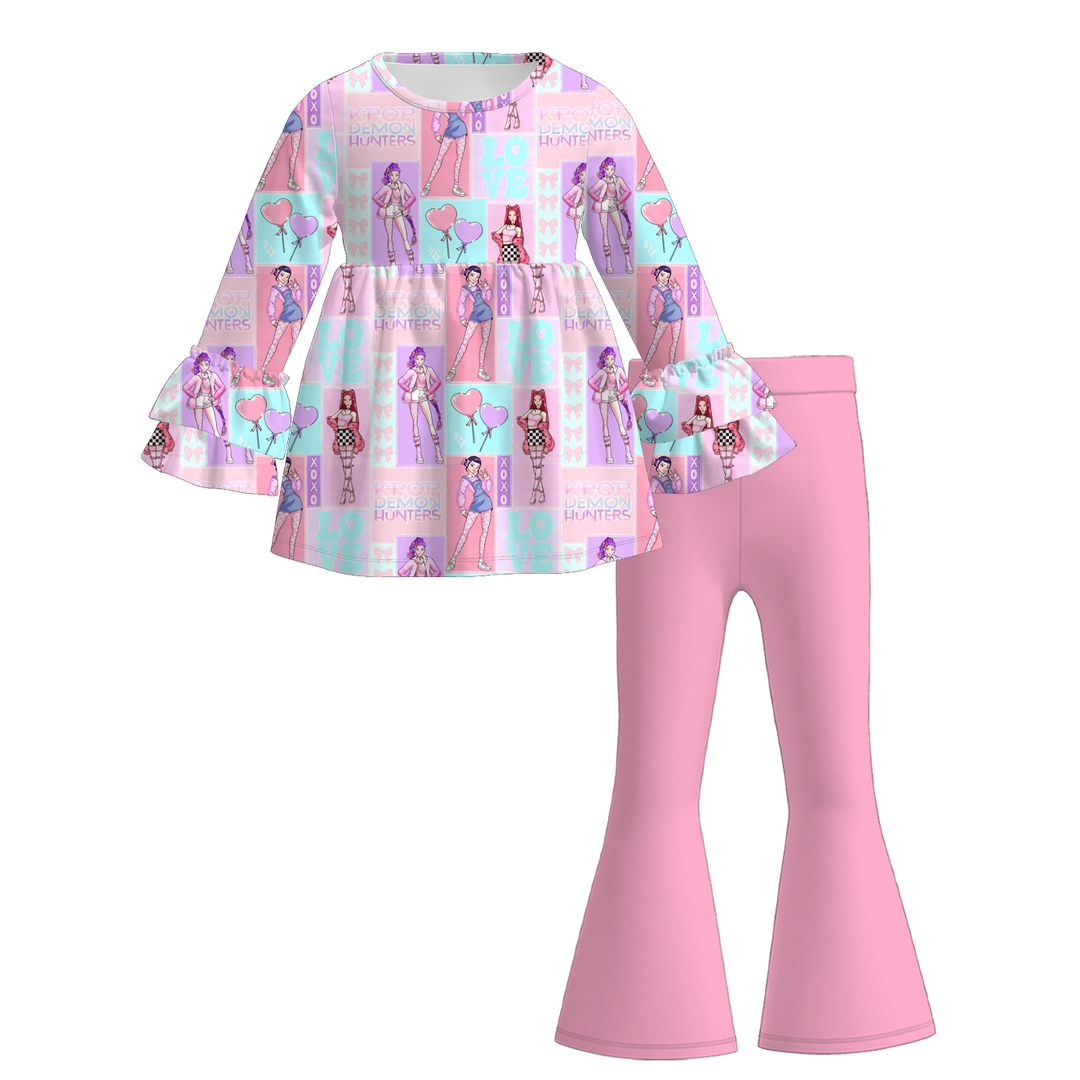 Valentine's sweet pink bow top&bell pant set for girls