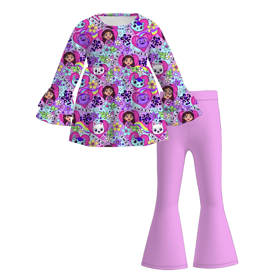 Valentine's sweet pink bow top&bell pant set for girls