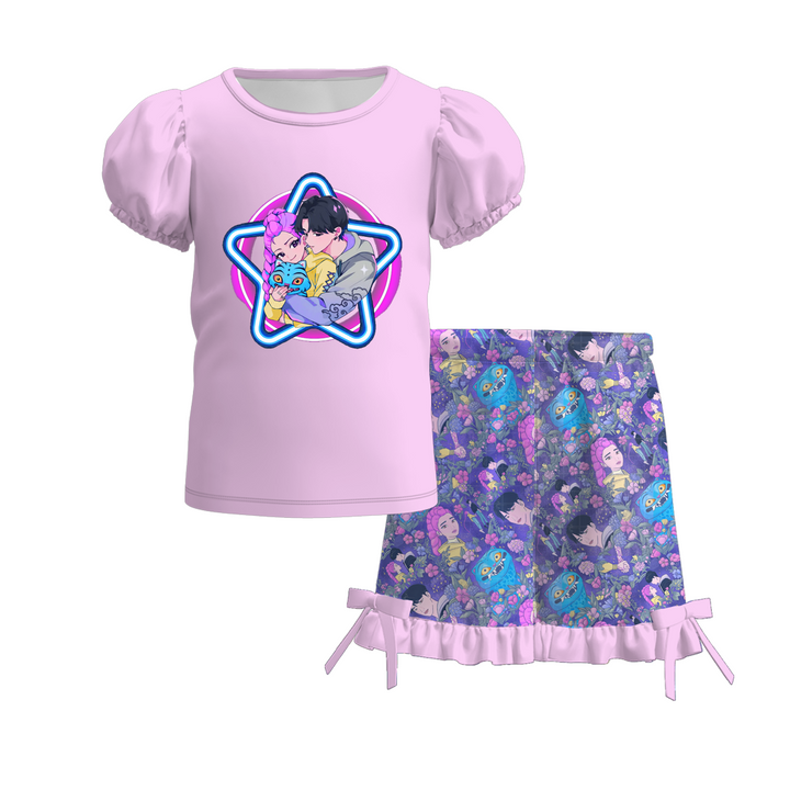 Girls' KDH K-pop inspired top&lace bow short 2pcs set
