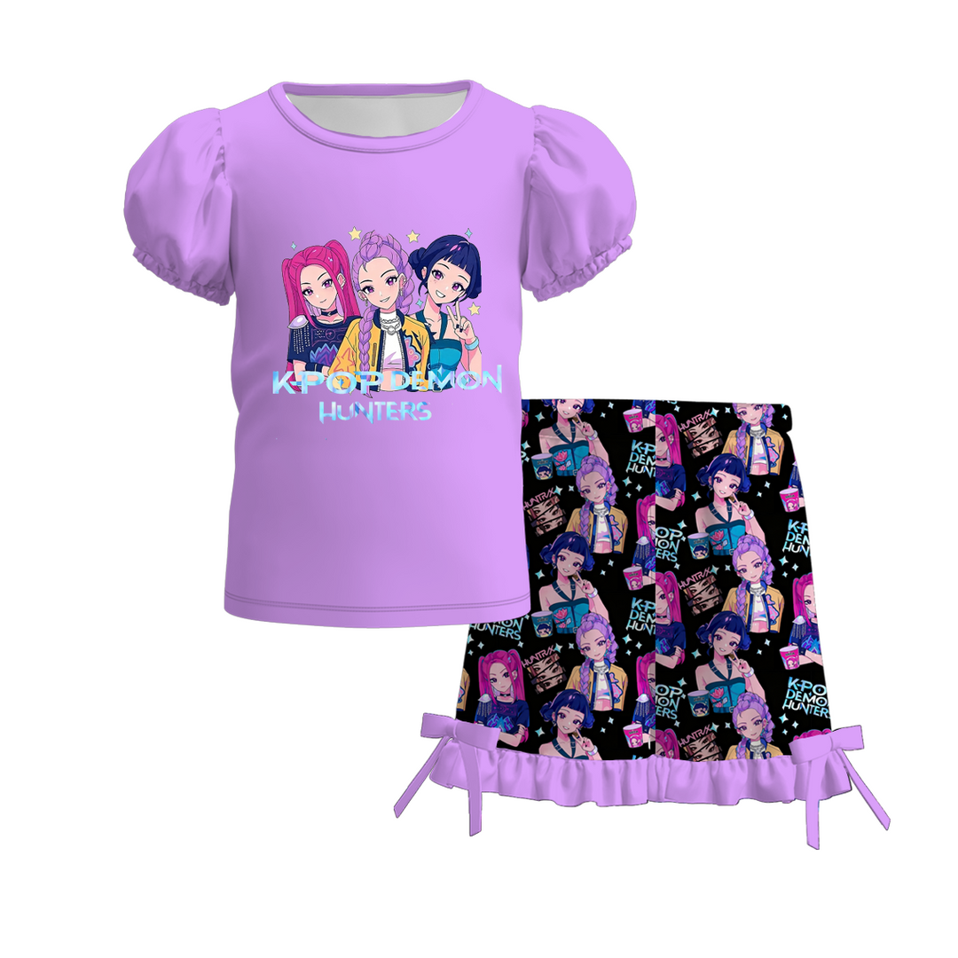 Girls' KDH K-pop inspired top&lace bow short 2pcs set