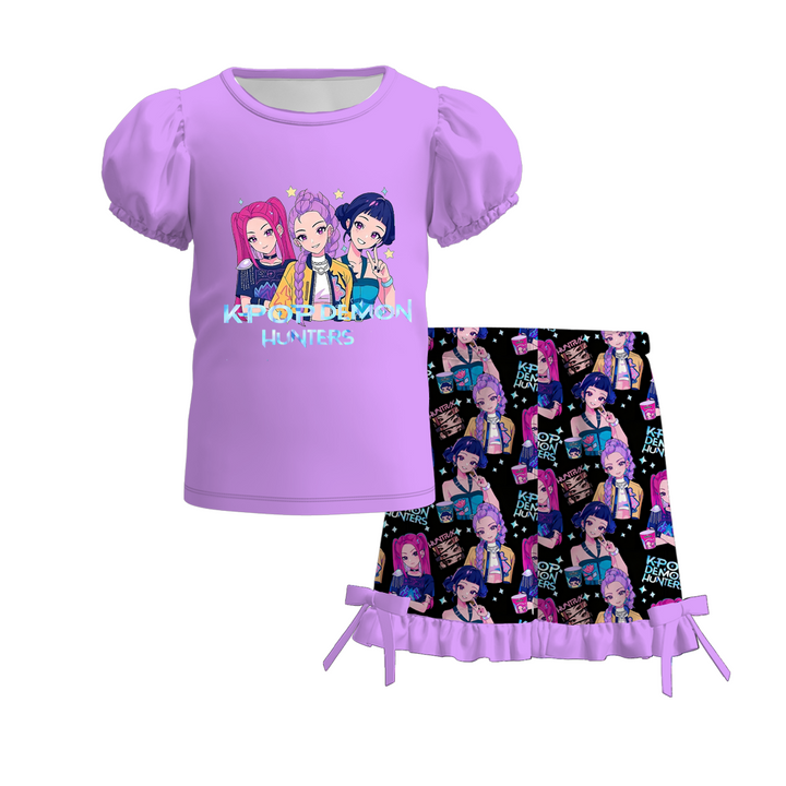 Girls' KDH K-pop inspired top&lace bow short 2pcs set