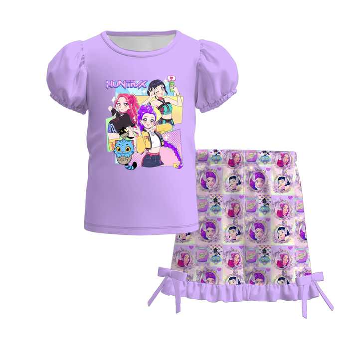 Girls' KDH K-pop inspired top&lace bow short 2pcs set